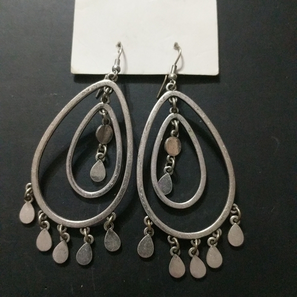 Silver Tone Hoop Chandelier Dangle Statement Earrings - Picture 1 of 1